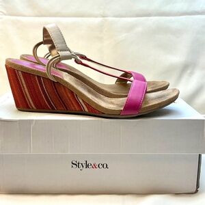 Style & Co Mulan wedge sandals, orange-red/pink, 7.5